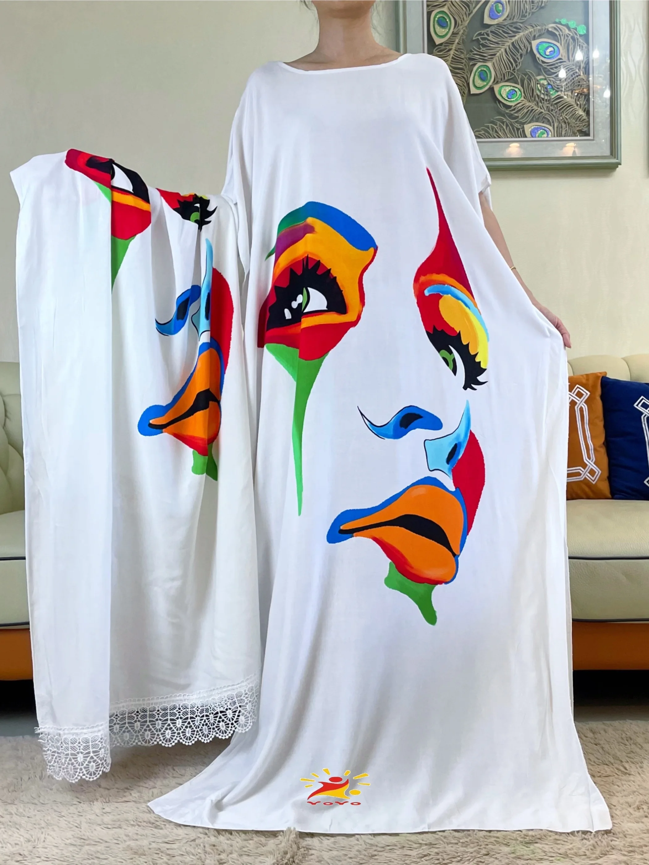 2023Summer Short Sleeve Printing Cotton Dresse With Big Scarf African Dashiki Floral  Loose Caftan Lady  Maxi Casual Vestidos
