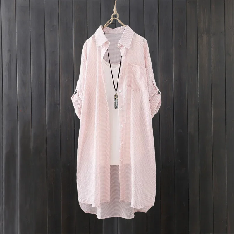 Summer Shirt Mid-length Vermicelli Striped Top Loose and Fashionable Cardigan Sunscreen Thin Jacket 1
