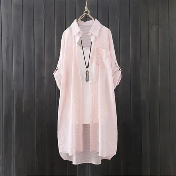 Summer Shirt Mid-length Vermicelli Striped Top Loose and Fashionable Cardigan Sunscreen Thin Jacket 1