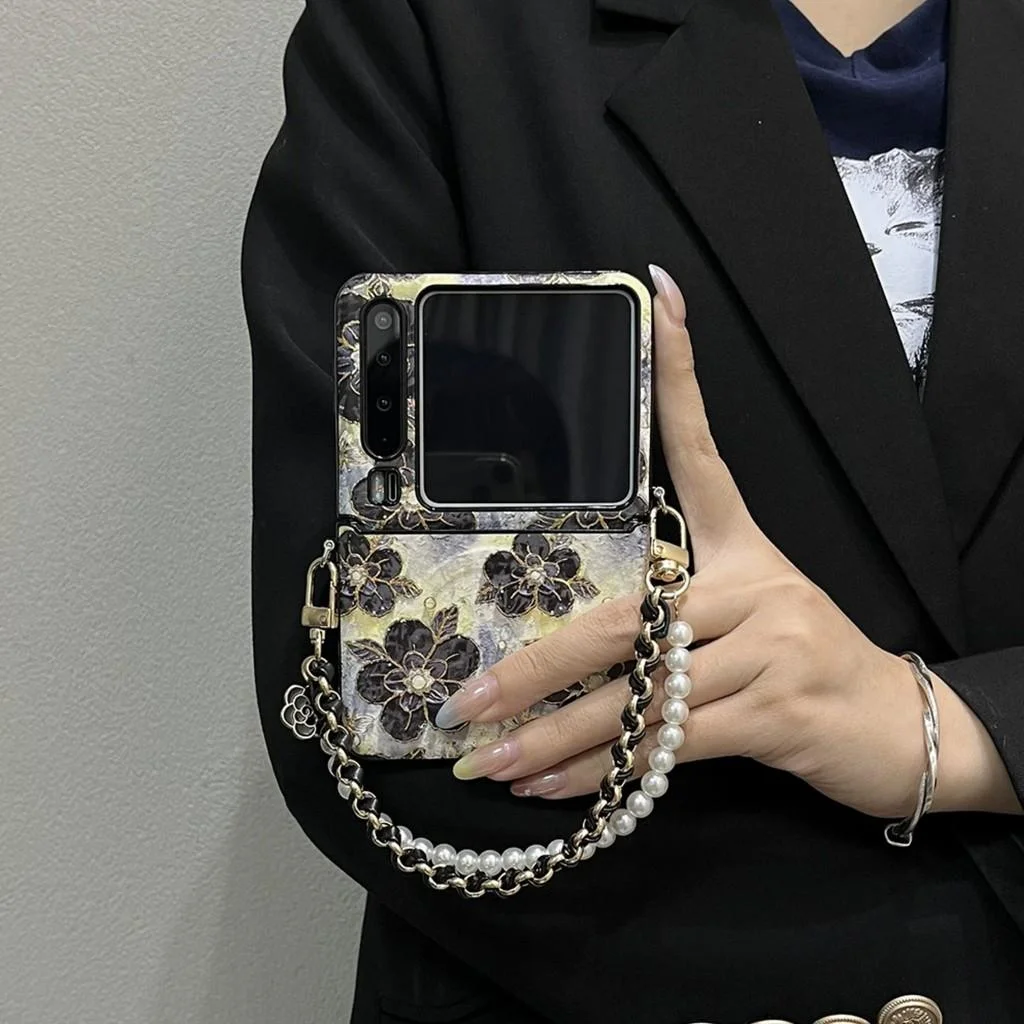 Transparent Pink Butterfly Flower Phone Case with Pearl Bracelet Chain and Hard Lens Protection Cover