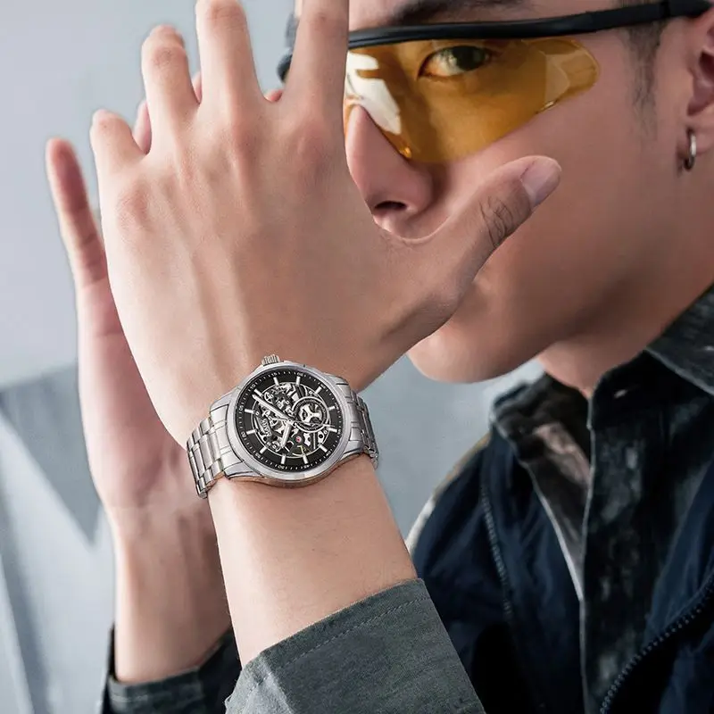 FAIRWHALE 6011 Automatic Movement Men Watch Tourbillon Hollow Dial Stainless Steel Waterproof Mechanical Watch Man