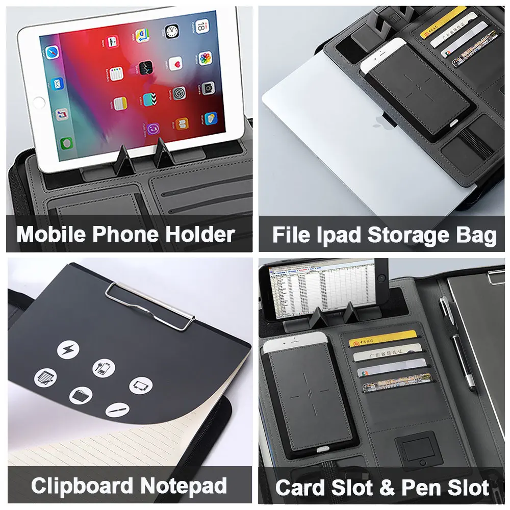 Office Padfolio A4 Wireless Charging Padfolio With 8000mah Power Bank & 16G U Disk & Notebook