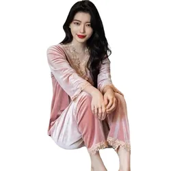 New Gold Velvet Pajamas Female Autumn And Winter Lace Sexy Long Sleeve Trousers Two-piece Casual Home Service Can Wear