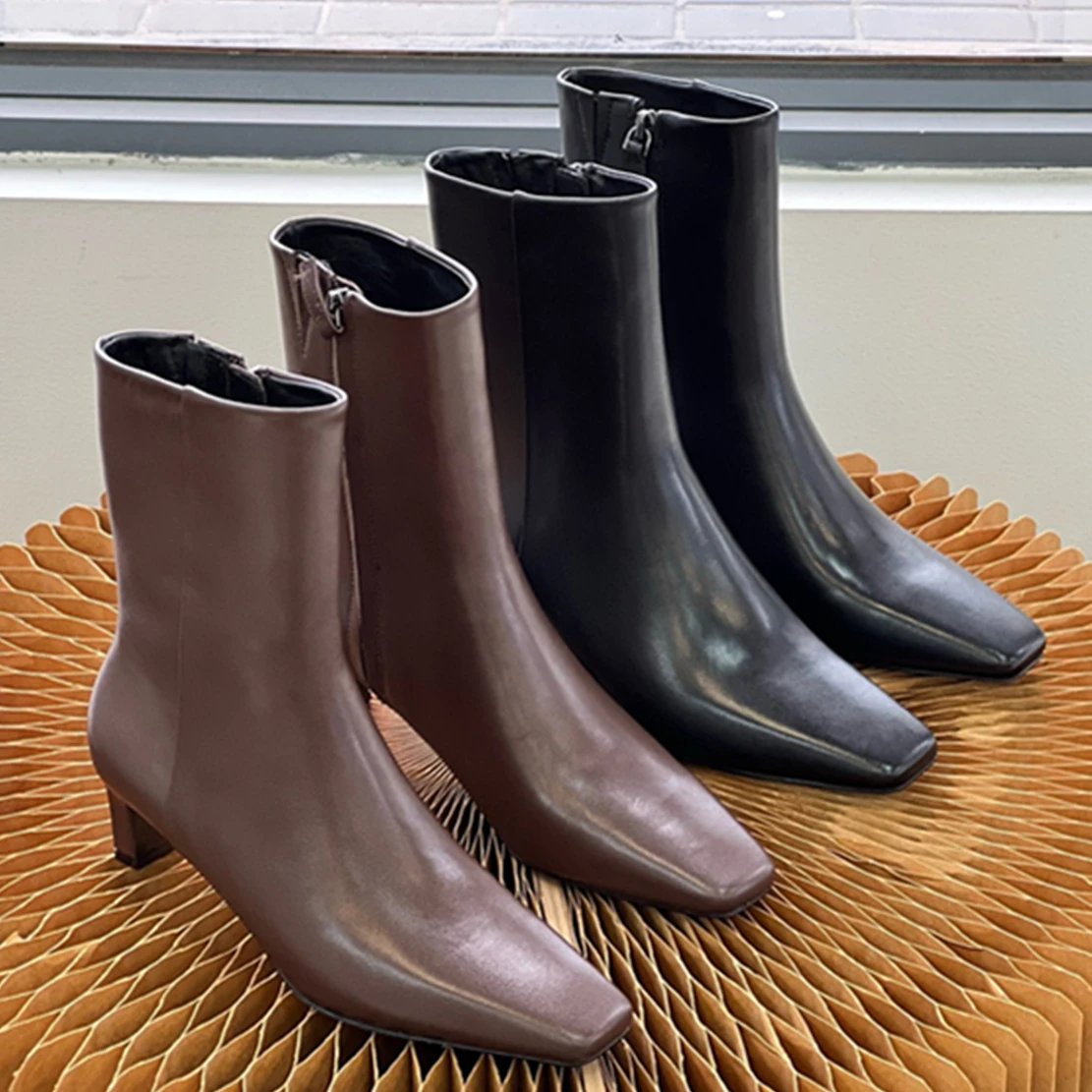 

Withered French Retro Square Toe Genuine Ankle Boots Leather High Heels Boots Women For 2024 Elegant Office Ladies