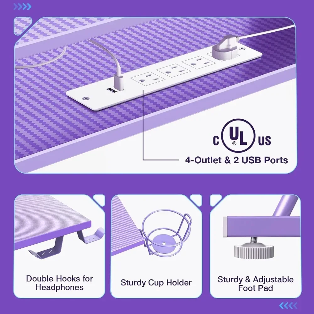 Gaming Desk 50.4” with LED Light & Power Outlets, L-Shaped Gaming Desk  with Monitor Stand, Ergonomic Gamer Table, Purple 4