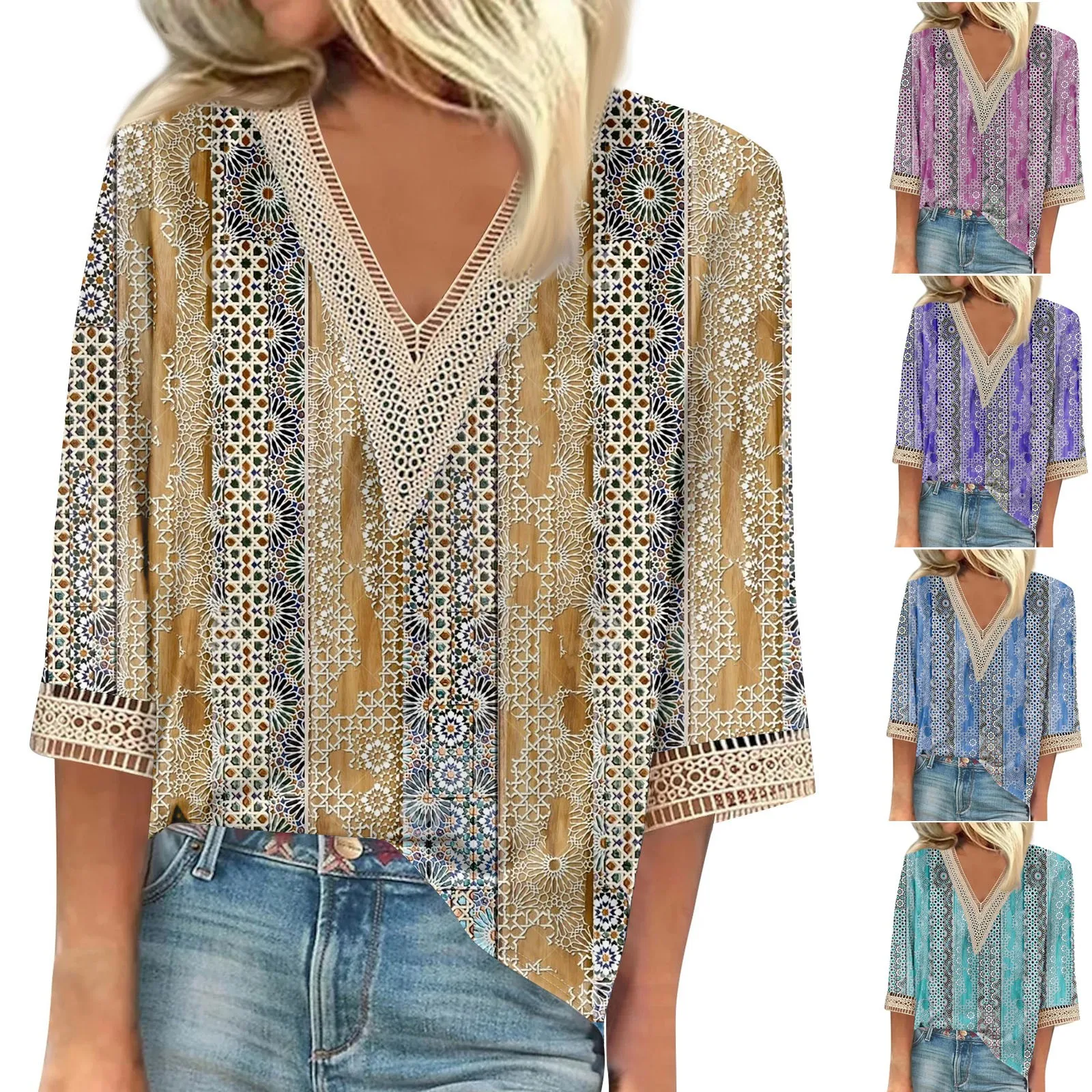 Camicetta Da Donna Camicetta Casual Camicie Larghe 3/4 Maniche In Pizzo Stampa Scollo A V Top Stampa Magliette Tee Recensioni Coreane Molti Vestiti