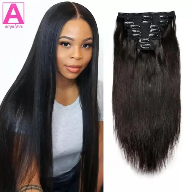 Extensions de cheveux brésiliens Remy à clips, cheveux lisses, couleur noire naturelle, 20 22 24 26 pouces, pour femmes 1
