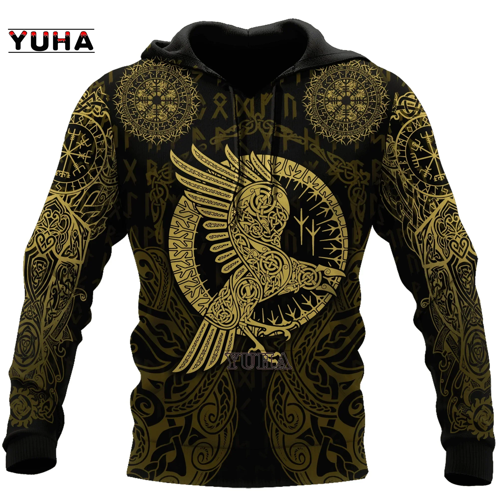 thumbnail image 1 of Sudadera con capucha y sudadera unisex con estampado 3D completo de águila/cuervo y tatuaje Vegvisir en rojo, con cremallera y chándales casuales, 1 of 5