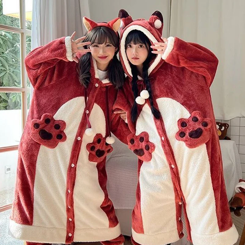 Women's Flannel Cosplay Costume Dinosaur Bat Rabbit Dog Animal Pajamas Cartoon Hooded Nightgown Halloween Christmas Nightdress