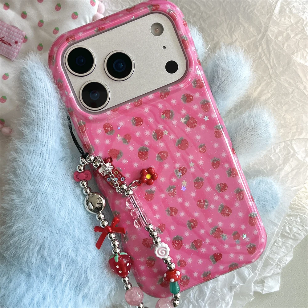 Adorable Strawberry & Star Shockproof Phone Case - Kawaii Design with Hinge Protection