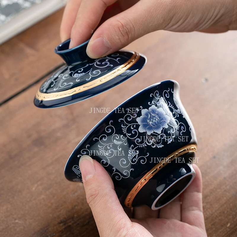 170ml Jingdezhen Blue and White Porcelain Covered Bowl Ceramic Cups High End Household Lid Bowl with Three Talents Tea Bowl