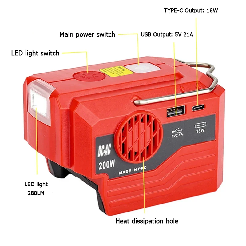 Inversor Portátil ao ar Livre para Milwaukee 18v Bateria para ac 110v 220v Usb Tpye-c Power Bank Converter com Conversor de Luz 200w - Image 4