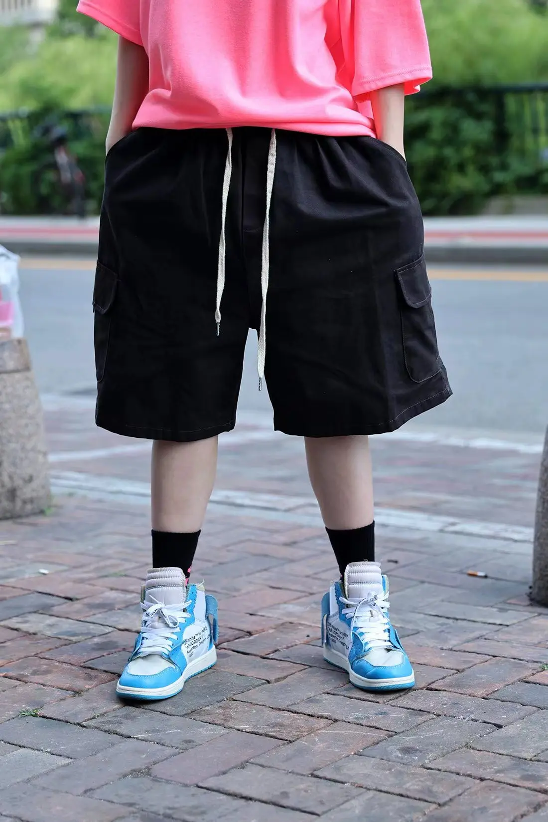 

Solid color cargo shorts multi-pocket men's summer baggy straight size simple casual sports pants