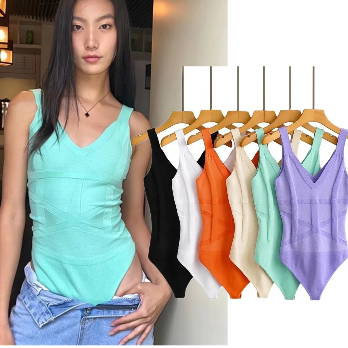 

Withered 2024 Summer Ins Fashion Blogger High Street Retro Knitted Jacquard Sexy Tank Tops Sleeveless Tshirts Bodysuits Women