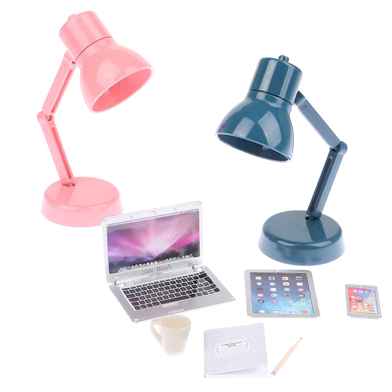 6/7Pcs/Set 1:12 Dollhouse Miniature Laptop Phone Tablet Desk Lamp Pencil Book Cup Model Doll House Learning Dewk Scene Decor