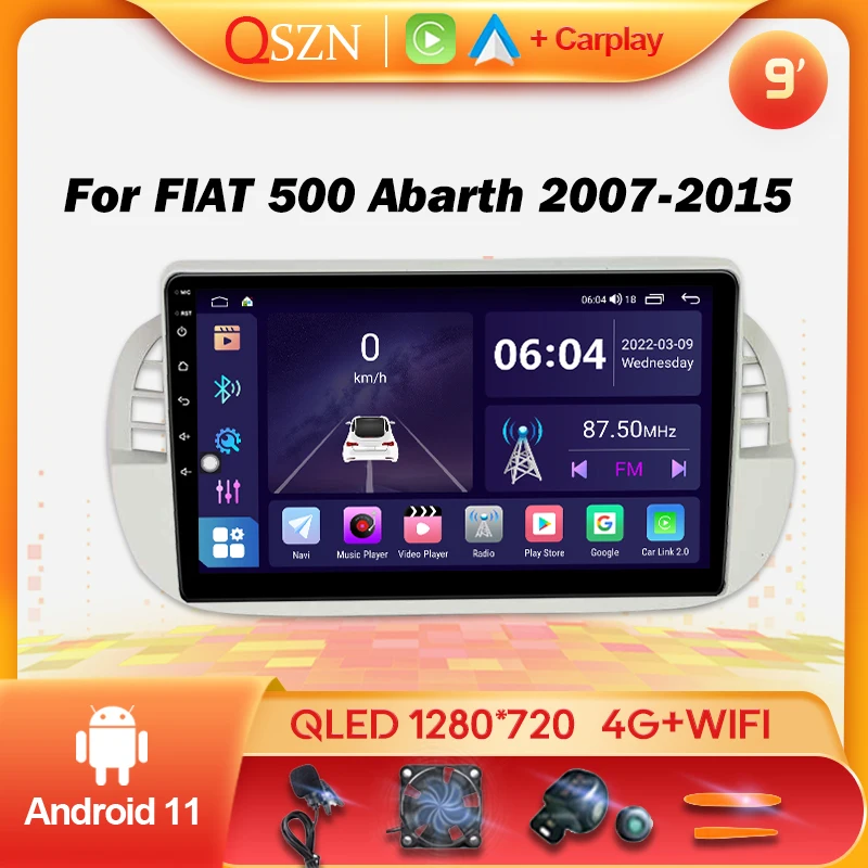 Qszn Lettore Autoradio Per Fiat 500 Abarth 2007-2015 Navigazione Gps Multimediale Supporto Autoradio Carplay Rds Dab Android 11