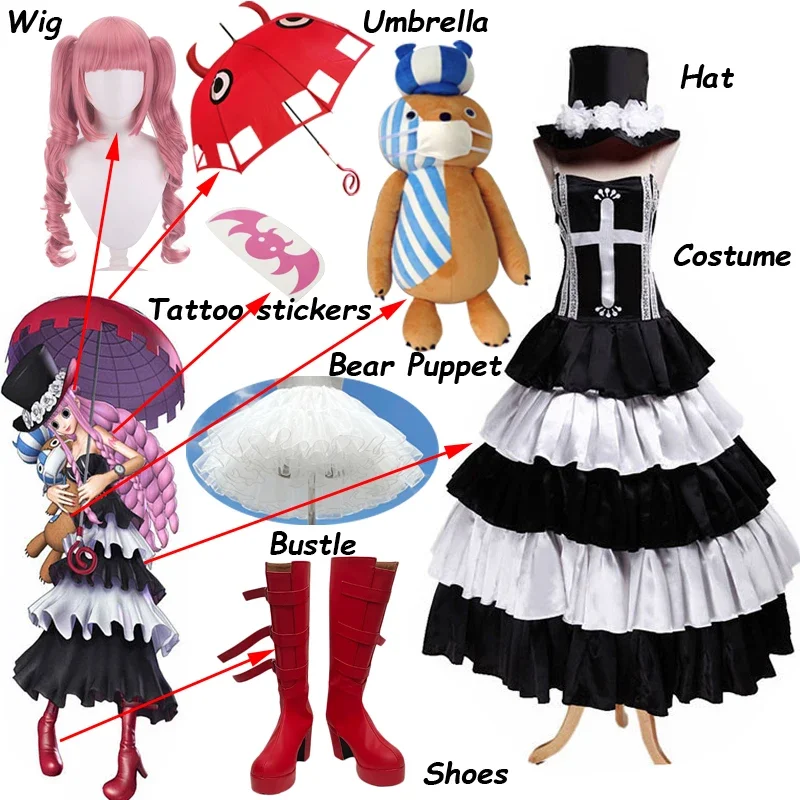 One Piece-Inspired Perona Gothic Lolita Cosplay Costume for Women with Skull Hat and Parasol