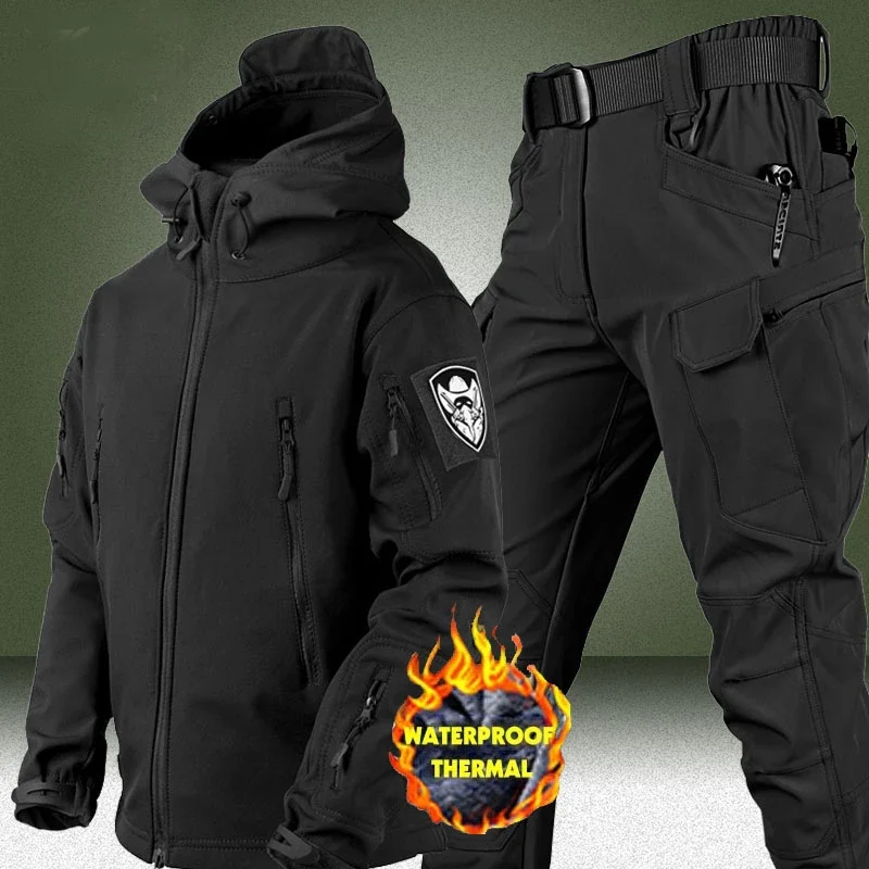 Autumn Winter Waterproof Tactical Sets Outdoor Hunting Soft Shell Hiking Hunting Jacket Suit Hooded Fleece Warm Tracksuits Set tactical suit winter jackets