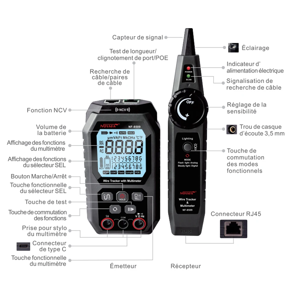 NOYAFA NF-8509 two-in-one Multimeter Tester Network Line Cable Finder for POE Test NCV AC DC LCD Wire Tracke 6