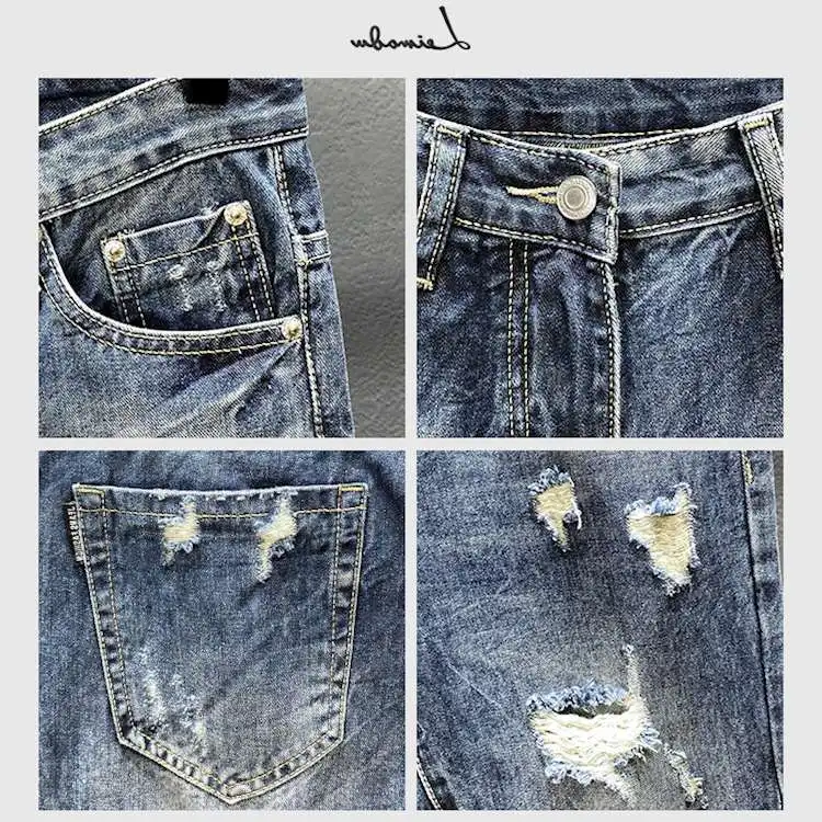 Nine-point jeans with holes for men's thin fashion brand slim feet in summer and summer Korean style spring and autumn pants