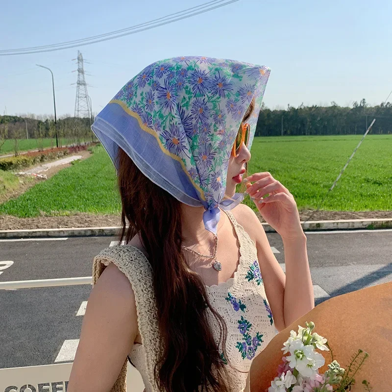 Fashion Bandana Cotton Head Scarf For Women Small Hijab Floral Print Handkerchief Hair Scarfs 55cm Square Headbands Neck Scarves 2