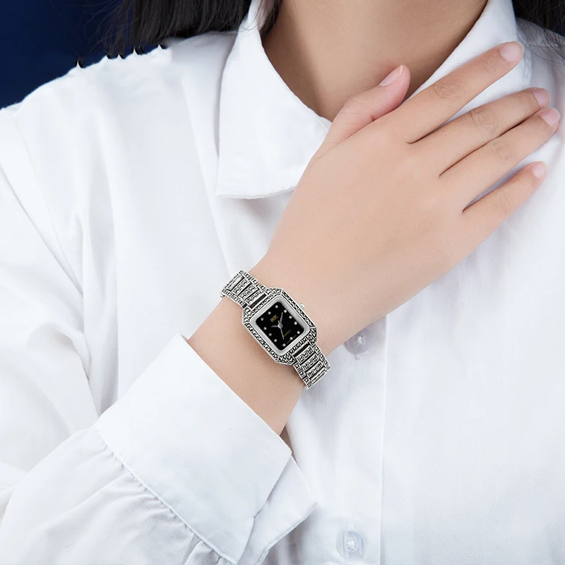 YYSUNNY Women Brilliant S925 Sterling Silver Bracelet Classic Quartz Watch for Ladies Vintage Jewelry Birthday Gift