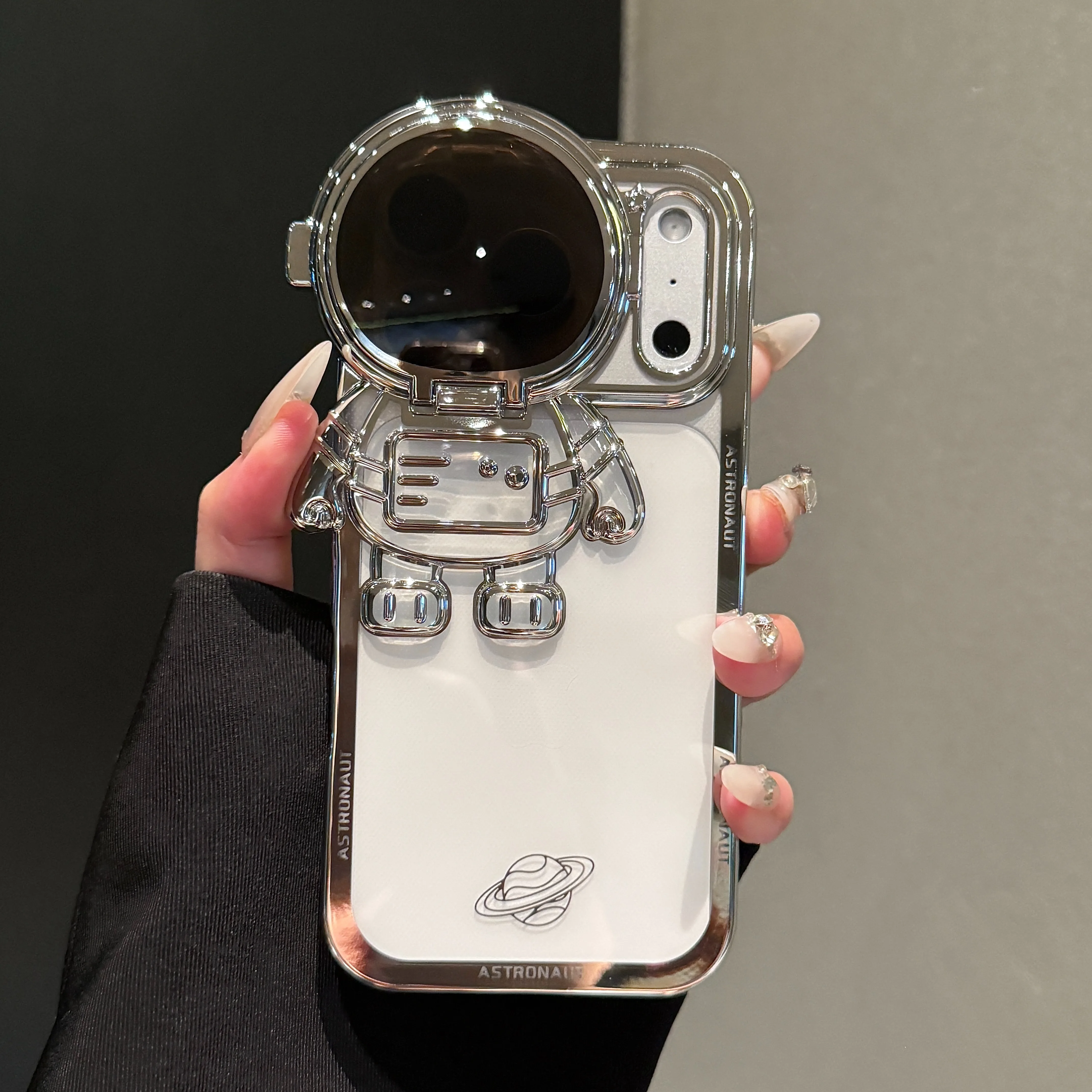 Cosmic Cartoon Electroplated Phone Case with Camera Protection and Built-in Stand
