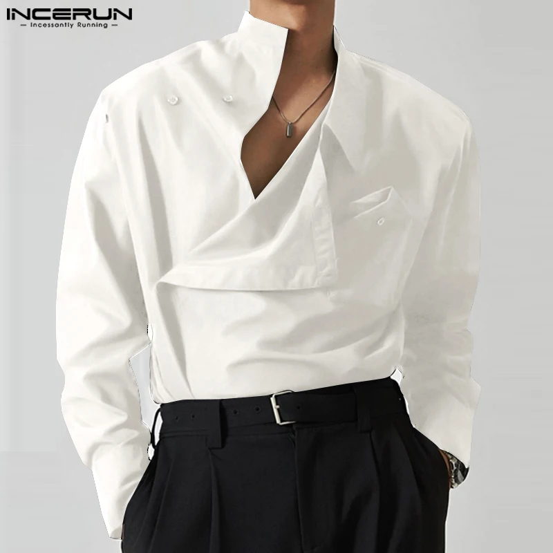 Long Sleeve Shirt Men Casual Shirt Men's Irregular Shirt Solid Color Stand Collar Loose Long Sleeve Casual Men Clothing Streetwear Fashion Male Shirts