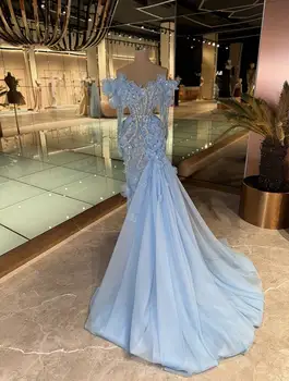 Sky Blue Mermaid Celebrity Dresses For Women Sweetheart Long Sleeves Evening Dresses With Crystals Vestidos De Gala Customized 1