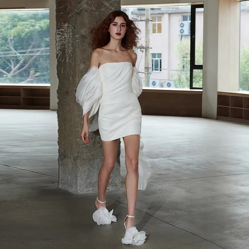 

SONDR Off the Shoulder Custom Made Wedding Gown Organza Civil Ivory Puffy Sleeves Brides Vestido De Noiva Women Bridal Dresses