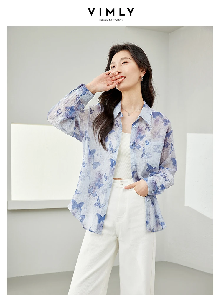 

Vimly Spring Loose Lyocell Shirt Female 2024 New Casual Lapel Button Up Printed Shirts & Blouses Thin Sunscreen Outerwear M6253