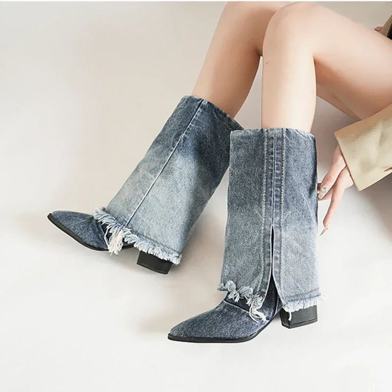 Pleated Block Heels Denim Boots for Women  Autumn Pointed Toe Women Fashion Sexy Cowboy Woman Denim Pointed Toe Chunky Boots