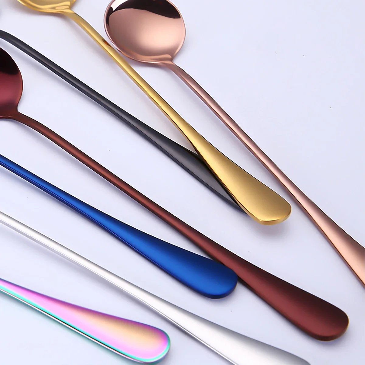 6pcs 크림 숟가락 304 스테인레스 스틸 숟가락 얼음 긴 손잡이 커피 숟가락 교반 숟가락 주방 용품