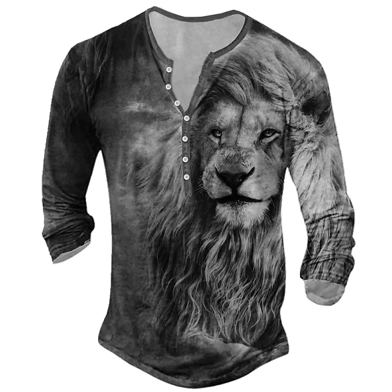 

Vintage Men's T-shirts Cotton Shirt Animal Lion Graphic T Shirts 3D Print Long Sleeve Tee Oversized Man Clothing Punk Streetwear
