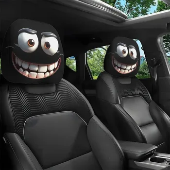2pcs Smiley Face Printed Car Pillowcase Soft Comfortable Decorative Cushion Cover Auto Seat Headrest Washable Polyester Fabric 1