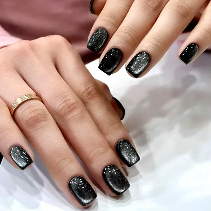 24Pcs Black Blue Purple Red Cat Eyes False Nails with Tools Press on Nails for Girls Square Nail Tips Fake Nails Set with Glue