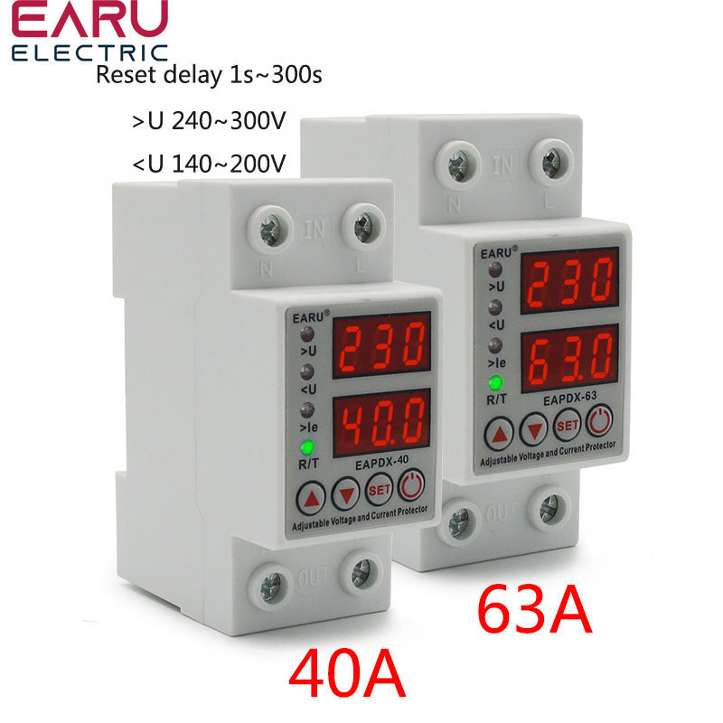 40A 63A 230V Din Rail Adjustable Over Voltage And Under Voltage Protective Device Protector Relay Over Current Protection Limit