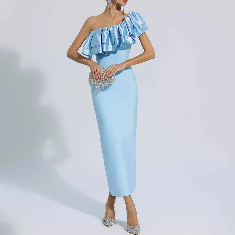 

Simple One Shoulder Light Blue Evening Dress Tiered Short Sleeves Sheath Ankle Length Women Back Slit Wedding Party Gowns