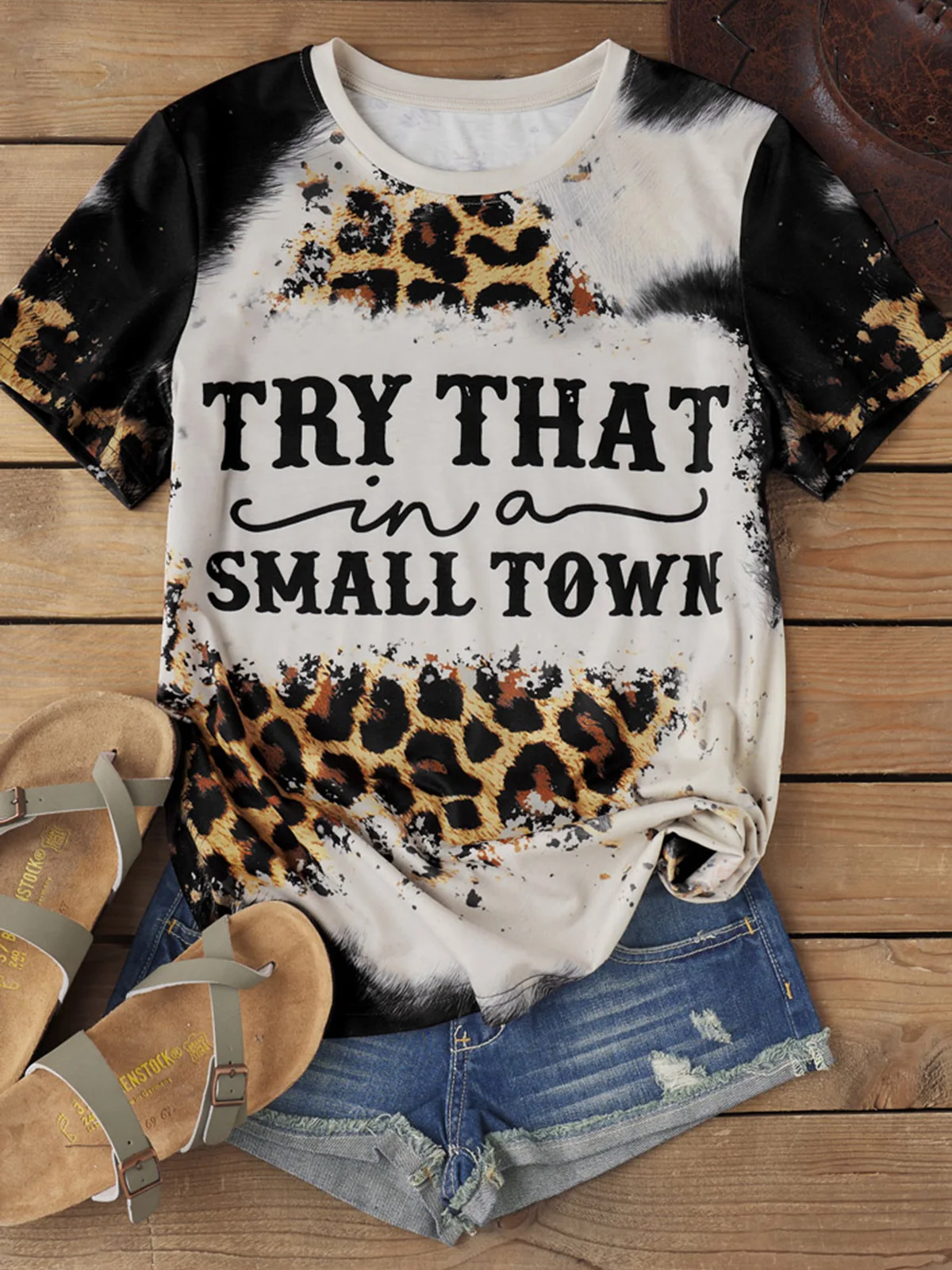 

Try That In A Small Town Leopard T-Shirt Tee Aesthetic Summer Short Sleeve Travel Adventure Tshirt Vintage Women Nature Top Tee