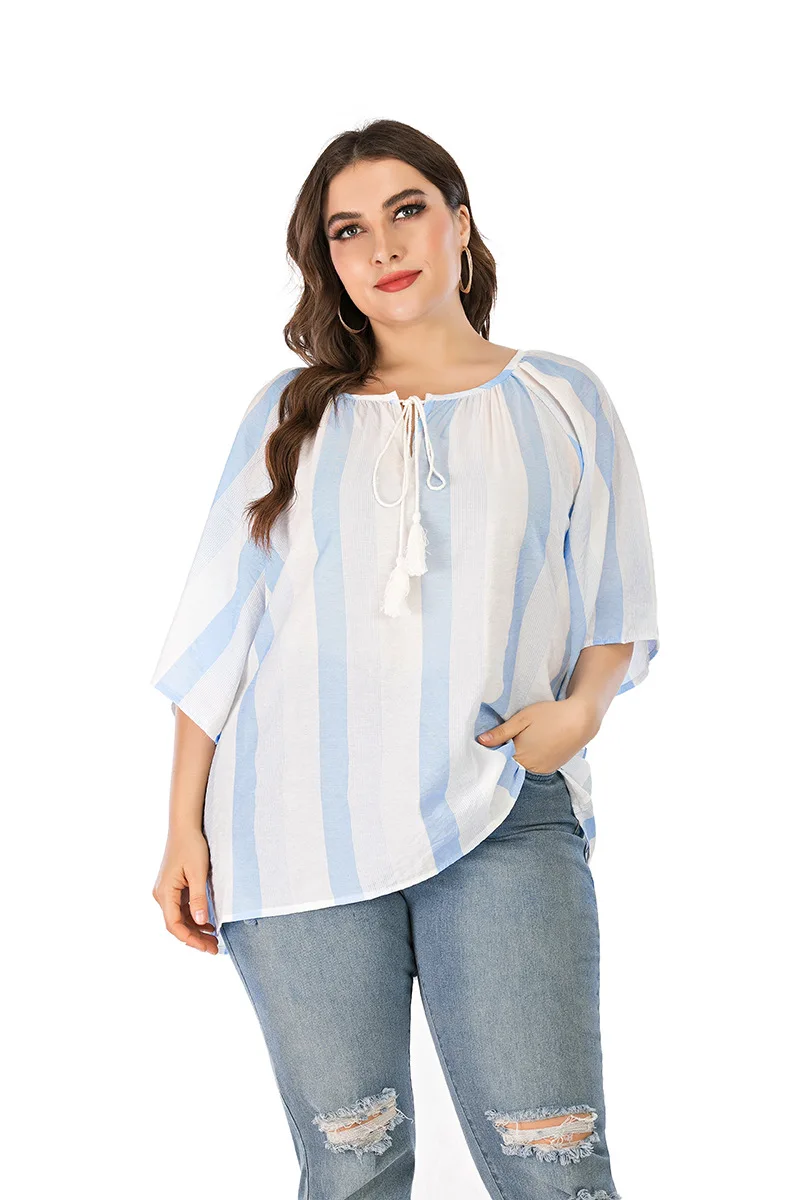 

Summer 2023 New European and American Foreign Trade Plus Size Women's Loose Fringed Belted Striped Five-point Sleeve Top