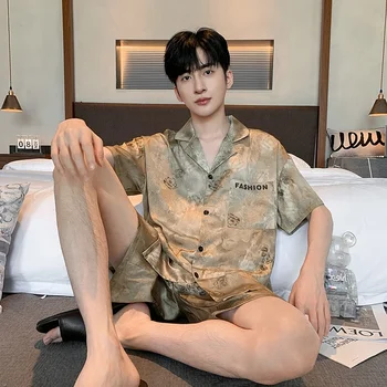 남성용 루즈 잠옷 세트, 아이스 실크 잠옷, 남성용 라운지웨어, 홈웨어, 남성용 야간, 6XL, 플러스 사이즈, 여름, 성인, 한국