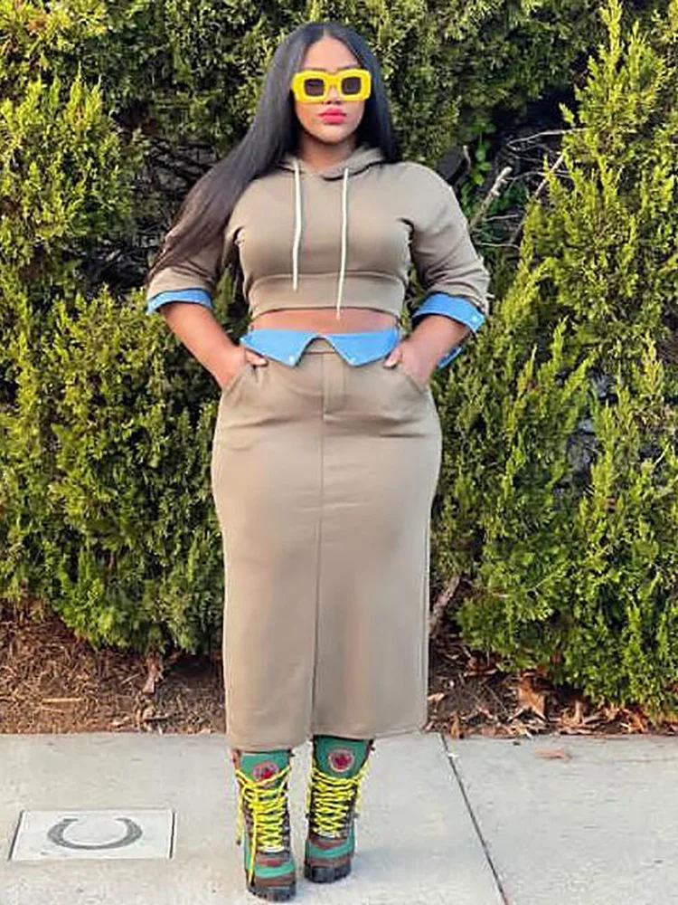 Wmstar Two Piece Set Women Hoodies Crop Top and Skirts Sets Sweatsuit Patchwork Matching Fall Clothes Wholesale Dropshipping