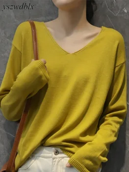 YSZWDBLX Womens Pullovers Sweater Solid Bottoming Shirt V-neck Knitwear Spring Autumn 2024 Basic Korean Sweater Jumpers 1