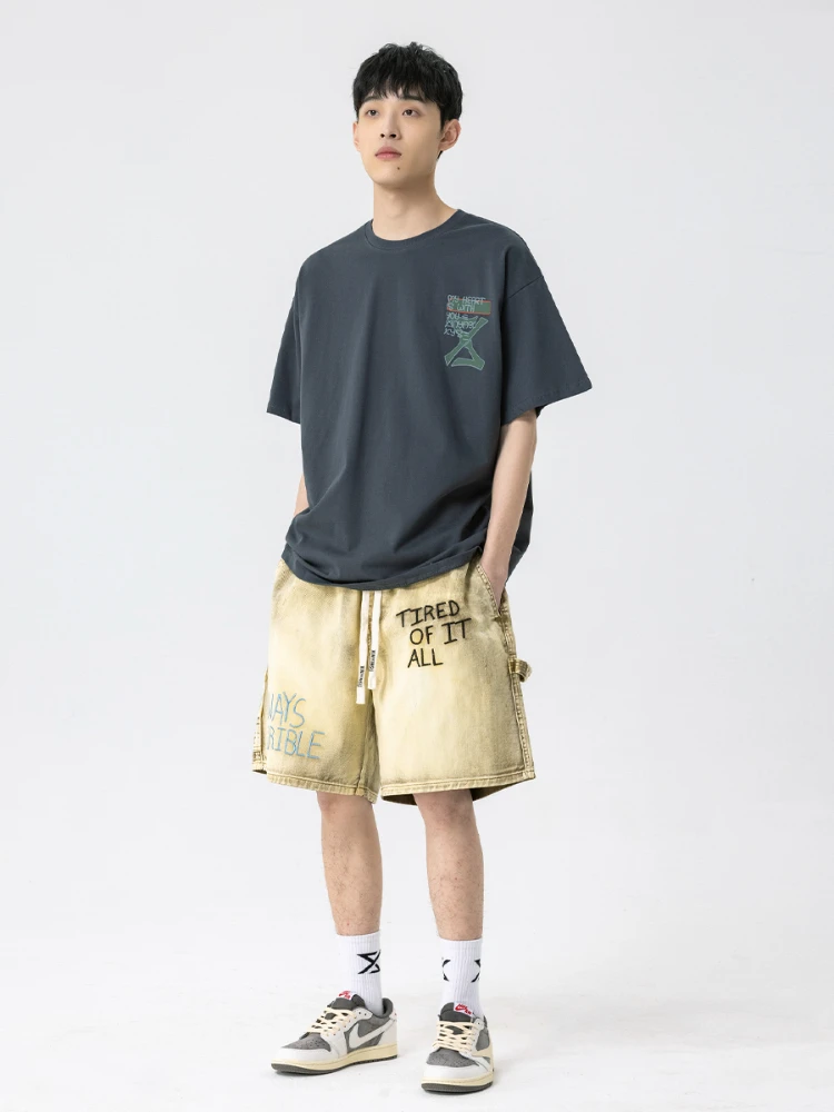 Five-Point Shorts Embroidered Distressed Loose Denim Cotton Men's and Women's Same Casual Fashion Loose Straight Summer Trendy