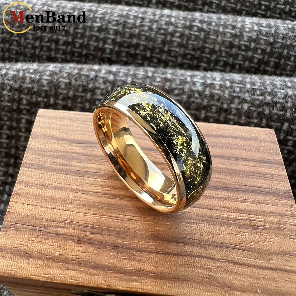 MenBand Jewelry Men's And Women's Tungsten Wedding Ring Domed Polished Black Sandblast Gold Foil Inlay Width 8mm Comfortable Fit