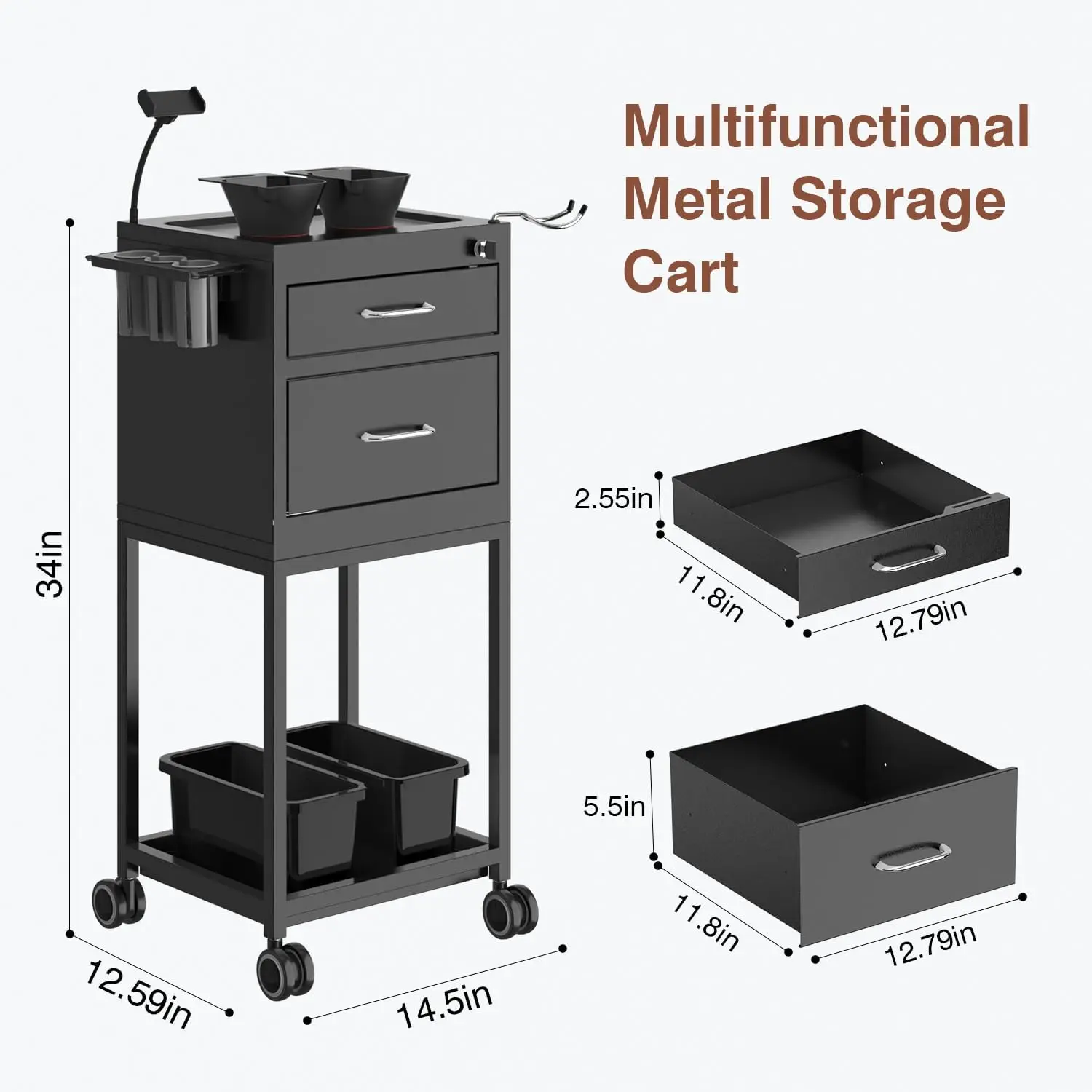 Salon Cart Lockable Metal Storage Cart Salon Trolley with Wheels Sturdy Rolling High End Trolley with 2 Magnetic Bowls
