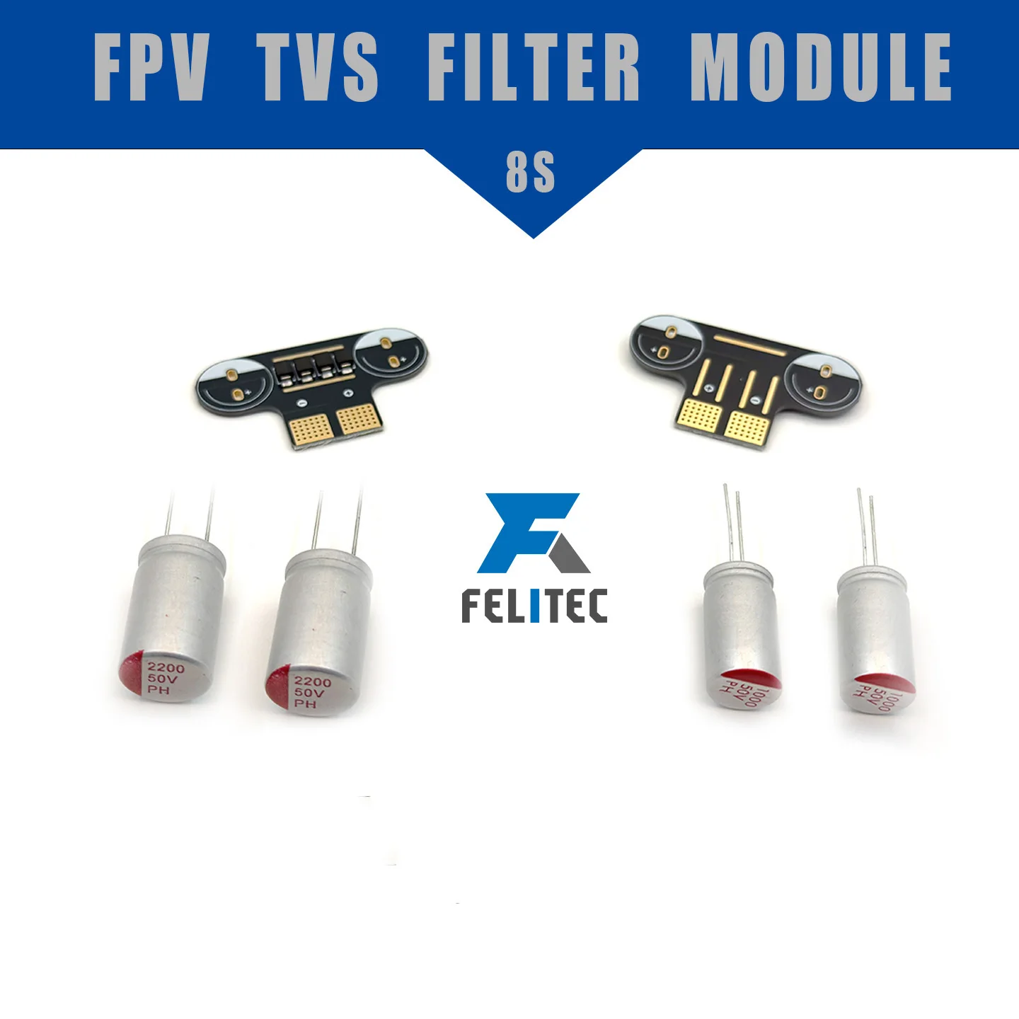 Gros plan sur condensateur 2200uF 8s pour drone FPV, étiquette blanche indiquant spécifications, filtre alimentation