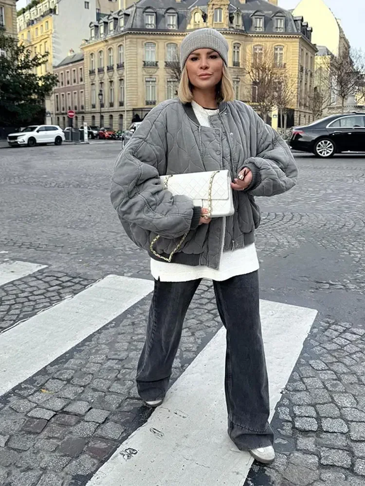 Quilted Single Breasted Grey Women's Cotton Jacket Casual Pocket Stand Collar Long Sleeved Coats Fall Winter Commuting Outerwear 3