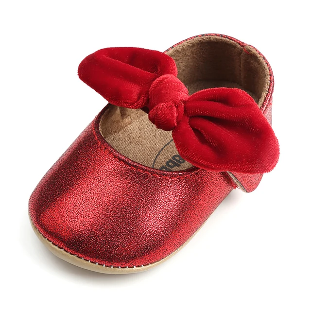 Newborn Baby Shoes Baby Boy Girl Shoes Girl Classic Bowknot Rubber Sole Anti-slip PU Dress Shoes First Walker Toddler Crib Shoes Red-New
