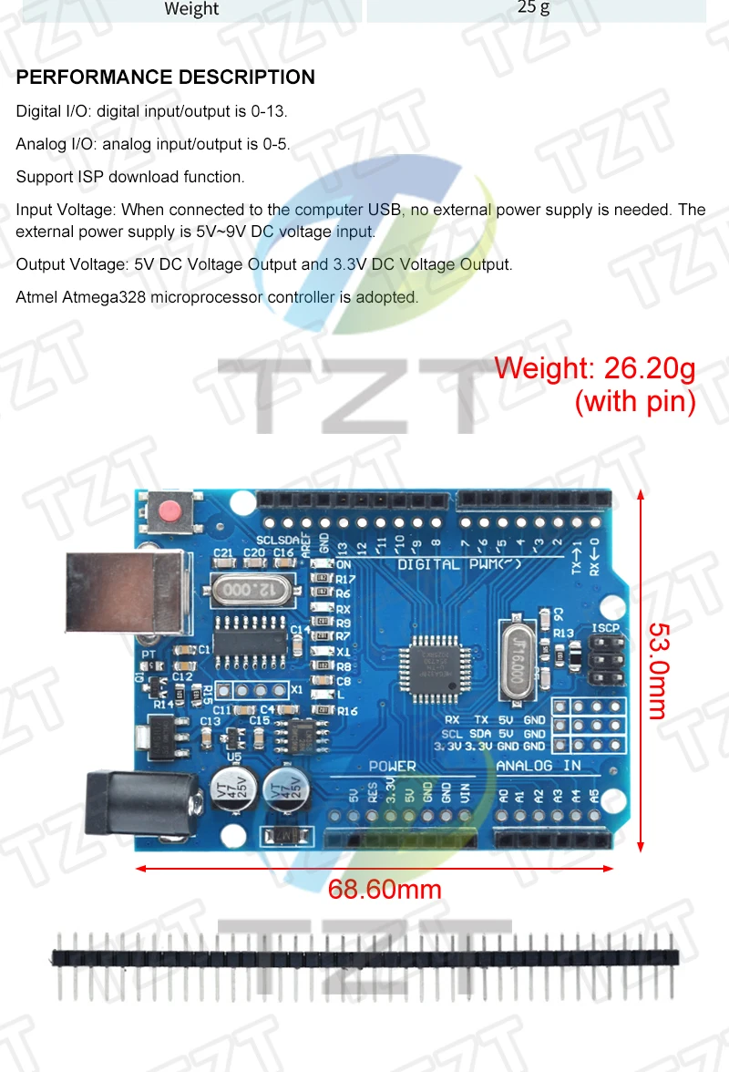 TZTUNO R3 Entwicklungsboard ATmega328P CH340 CH340G für Arduino TZTUNO R3 mit geradem Stiftleiste mit Kabel – Detail 2